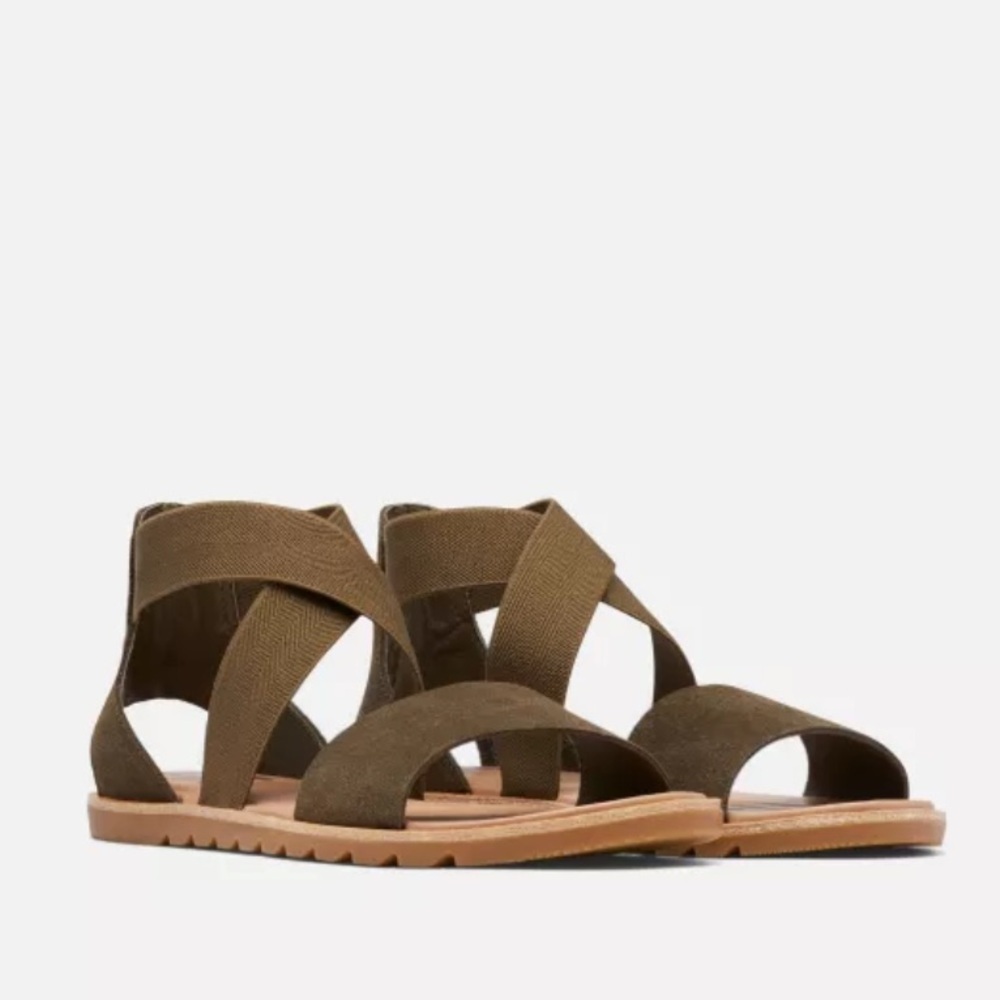 Sorel Ella ll Olive Green Suede Flat Sandals - Picture 4 of 12
